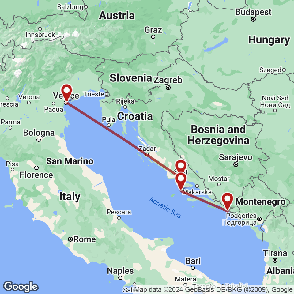 Route for Venice, Split, Hvar, Dubrovnik tour
